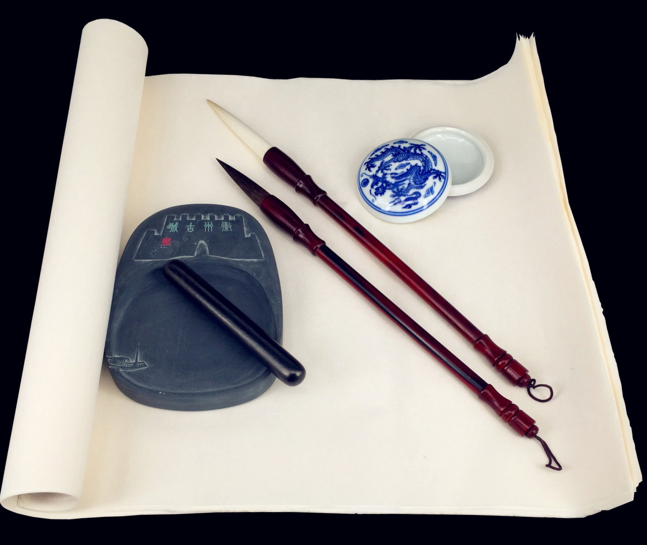 Calligraphy Set Inkstone Brush Japanese Writing Tools Silk Covered Storage  Box