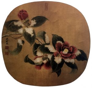 Camellia Covered with Snow, Chun Lin, 24.8 * 24.8 cm, painted on silk, Song Dynasty, 960 - 1279.