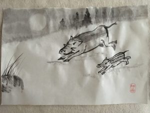 Wild boar with baby in sumi-e style made by Astrid Menick